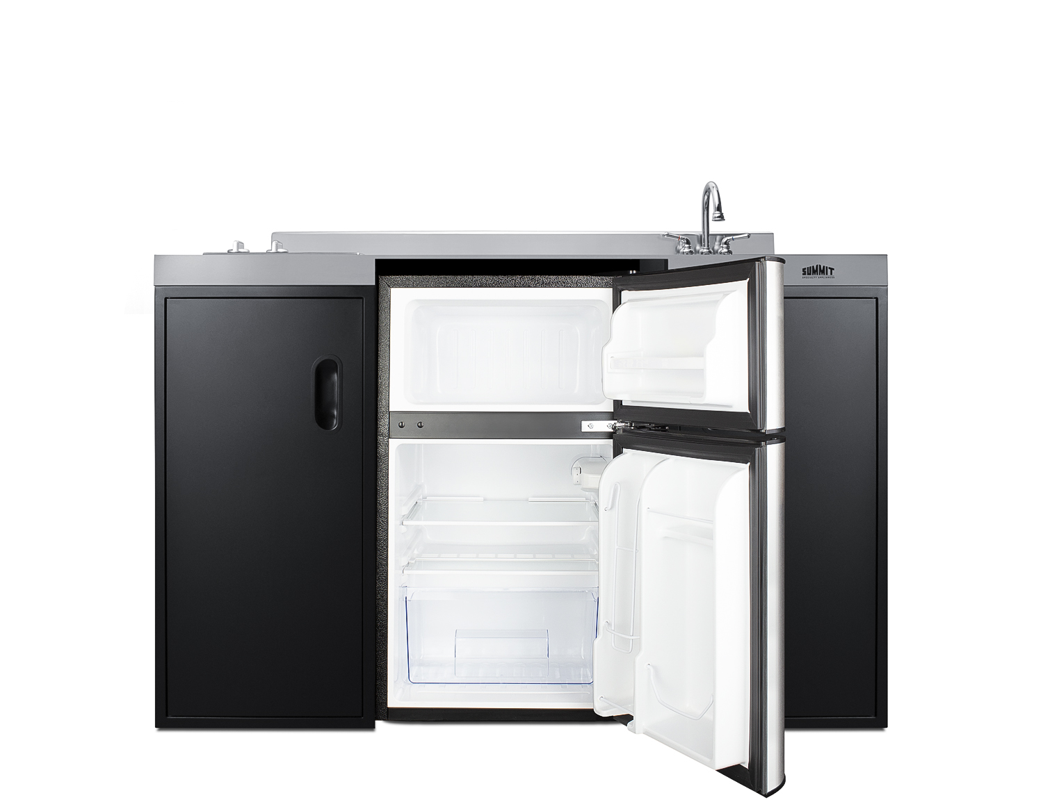 54 inch wide ADA counter height all-in-one kitchenette in black with a removable 2-burner 115V smooth top cooktop, 2-door refrigerator-freezer, sink, and two storage cabinets